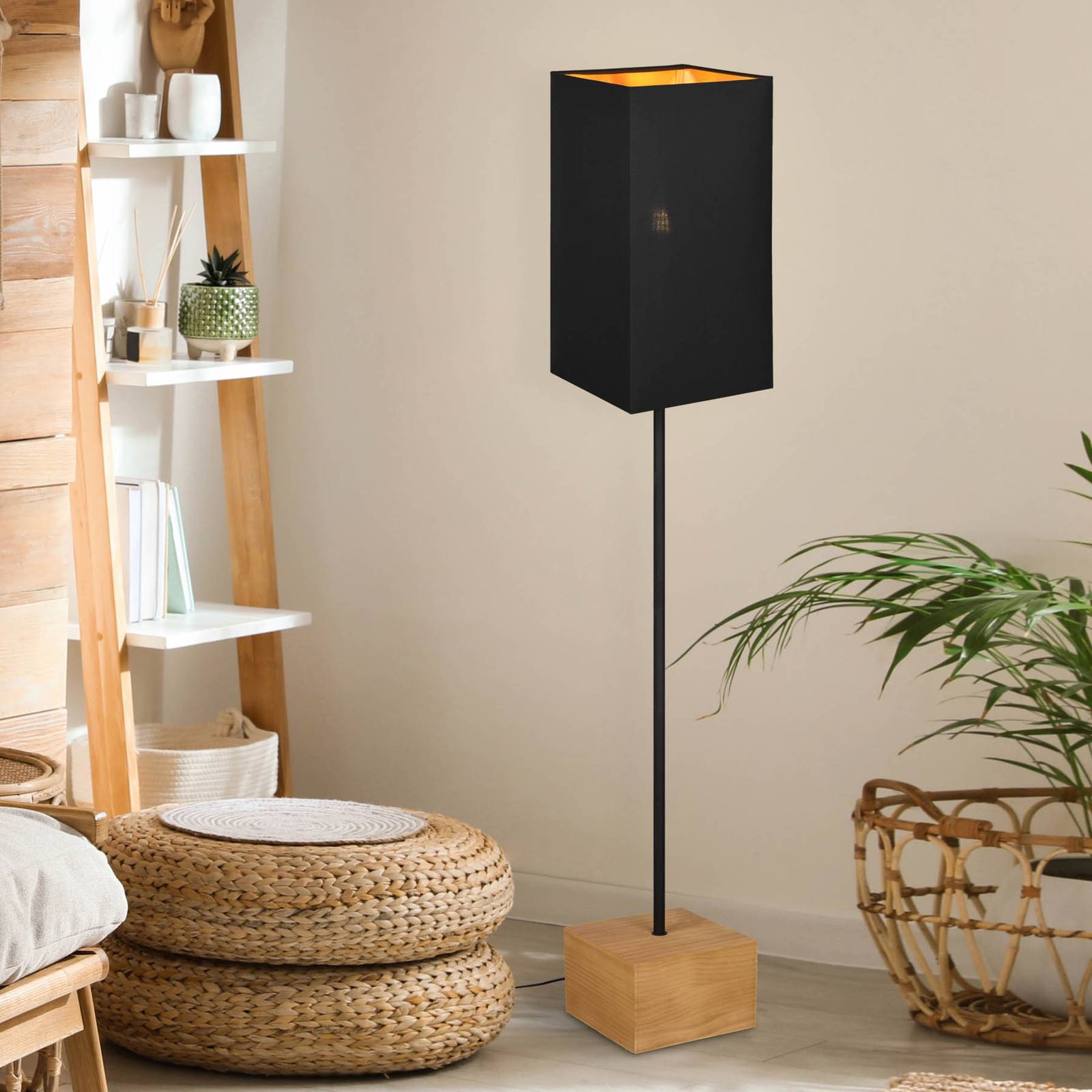 Levné světlo Reality Leuchten Stojací lampa Woody dřevo/textil Levné svítidlo od značky Reality Leuchten černá/světlé dřevo Dřevo/textil (bavlna/polyester)